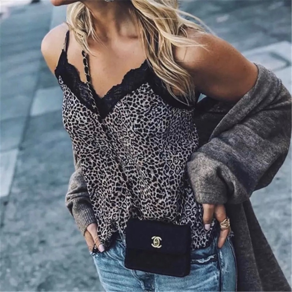 Lace Trim Leopard Cheetah Animal Print Cami Top